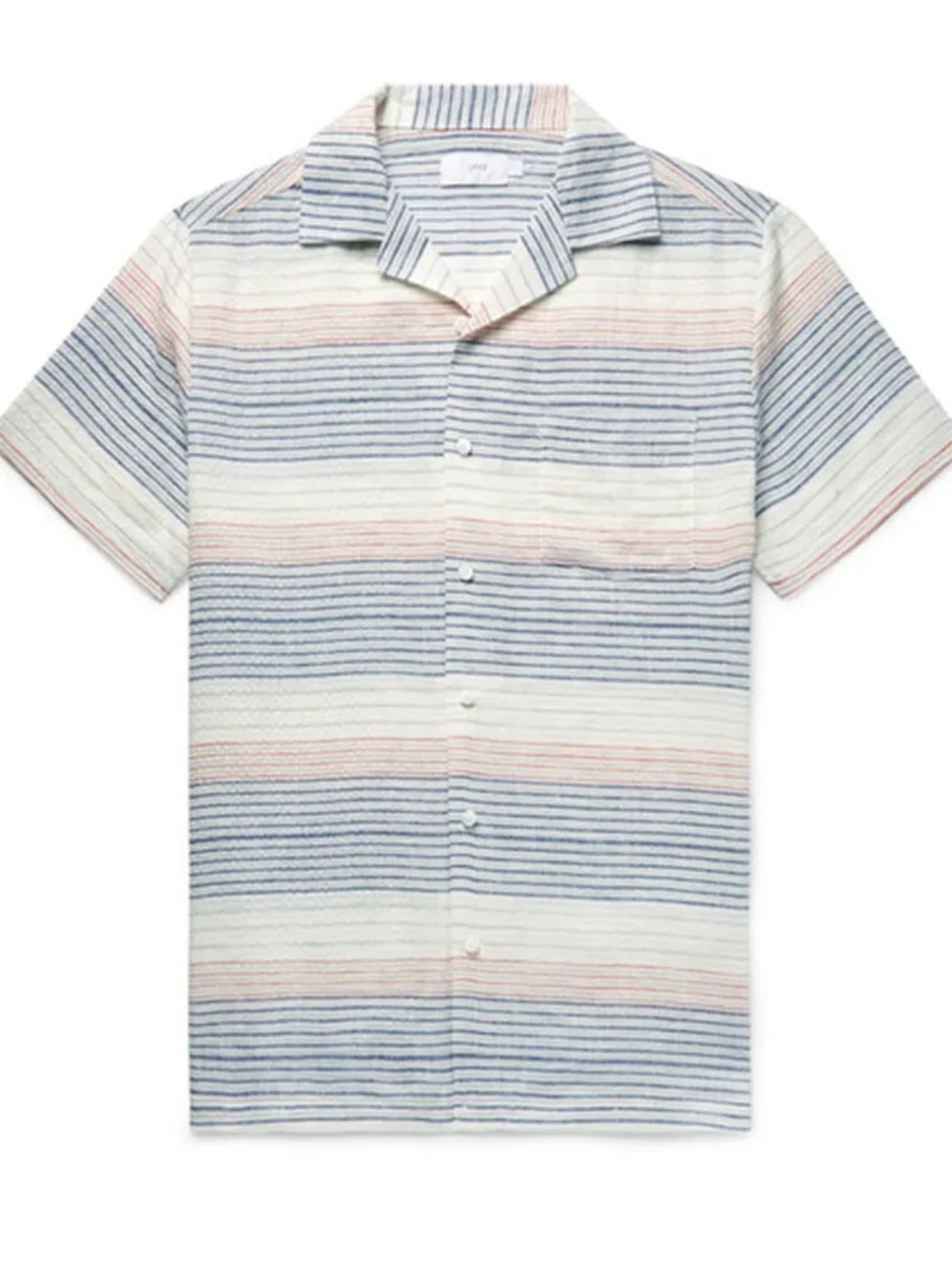 Onia Short-Sleeve Striped Camp Shirt in Blue & Cream with Pink Accent